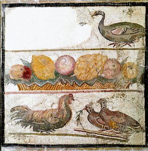 Römische Kunst: Mosaik, das Hühner, Gänse, Geflügel darstellt. Rom, Museo Nazionale Romano von Roman Roman