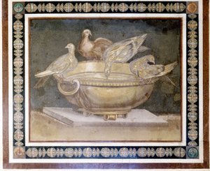 Römisches Mosaik, das 4 Tauben darstellt.