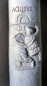 Heiliger Achilles, römischer Märtyrer des 4. Jahrhunderts, enthauptet von Caesar, weil er keinen Eid ablegen wollte, da er Christ war. Flachrelief der Katakomben von Santa Domitilla in Rom.