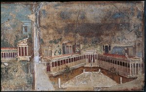 Fresko im dritten Stil, das eine architektonische Landschaft darstellt, Detail der Kolonnade, aus Pompeji von Roman Roman