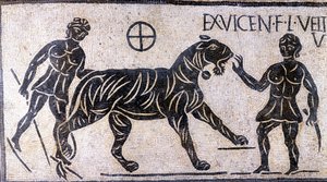 Tigerbändiger in den Mauern des Kolosseums - Römisches Mosaik