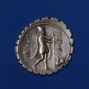 Odysseus wird von seinem Hund Argo erkannt. Römische Silbermünze, 83 v. Chr. von Roman Roman