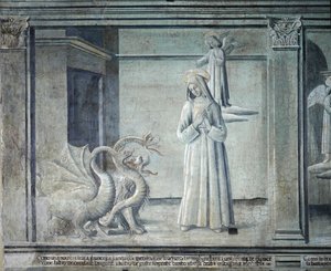 Leben der heiligen Franziska von Rom, verfolgt von Dämonen in Form von Monstern, römische Schule von Roman School