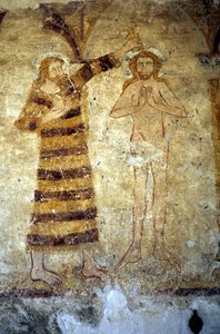Wandmalereien aus dem 12. Jahrhundert in der romanischen Pfarrkirche von Asnieres sur Vegre (Sarthe), die Christus zeigen, der von Johannes dem Täufer getauft wird