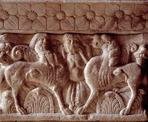 Ein Zentaur und ein Löwe, geschnitztes Kapitel in der Tribüne des Priorats