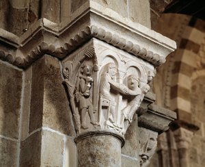 Esau kehrt von der Jagd zurück und trifft auf seinen Vater Isaak, der Jakob segnet (Kapitell) von Romanesque