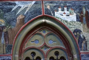 Gotisches Fenster und das Leben des Heiligen Pachomius, von der Nordwand der Kirche, ca. 1601