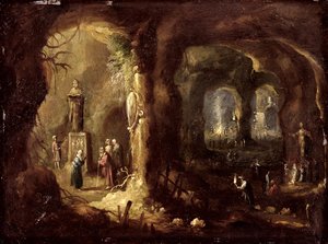 Grotte mit Statuen und zahlreichen Figuren, die Idole anbeten (St. Simeon Stylites), ca. 1640 von Rombout van Troyen