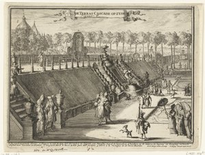 Ansicht (seitlich) eines Terrassenwasserfalls im Park des Palastes Het Loo