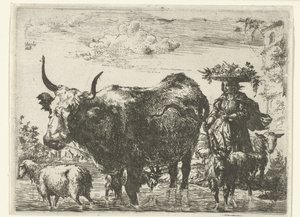 Hirtin mit Korb auf dem Kopf, eine Kuh, zwei Ziegen und zwei Schafe im Wasser von Romeyn de Hooghe