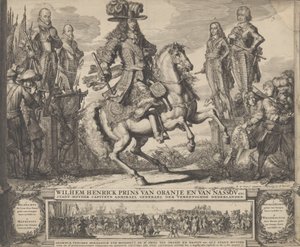 Wilhelm III. als Prinz von Oranien, mit den vier vorhergehenden Statthaltern, Wilhelm I., Moritz, n.d. von Romeyn de Hooghe