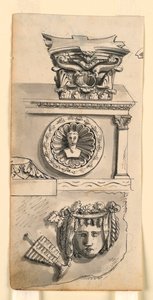 Entwürfe für ein Kapitell, einen Sarkophag und ein Relief