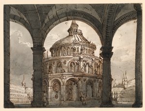Bühnenbild, Atrium mit dem Tempel der Hospitaliter für die Oper "La Straniera" von Vincenzo Bellini von Romolo Achille Liverani
