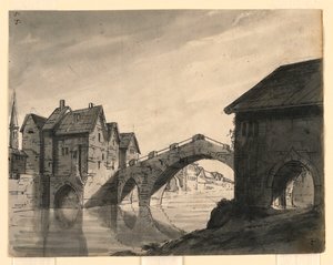 Bühnenbild, Brücke über einen Fluss in einer Stadt von Romolo Achille Liverani