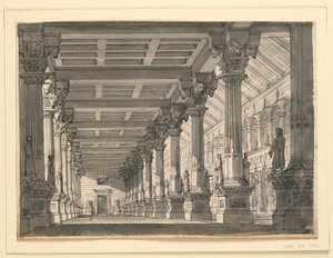 Bühnenbild, Halle in einem babylonischen Palast für die Oper "Ciro in Babylonia" von Gioacchino Rossini von Romolo Achille Liverani