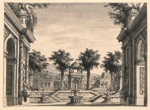 Bühnenbild, Indischer Palastgarten für das Ballett "Dschingis Khan" von Luigi Henry von Romolo Achille Liverani