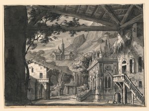 Bühnenbild: Dorf in hügeliger Landschaft, für L