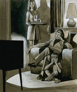 Familie schaut Schwarz-Weiß-Fernsehen in den 1960er Jahren von Ron Embleton