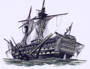 HMS Victory nach der Schlacht von Trafalgar, mit abgeschossenem Besanmast von Ron Embleton