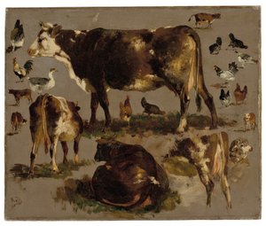 Studien von Kühen, Hühnern, Hähnen, einer Gans und einem Schaf von Rosa Bonheur
