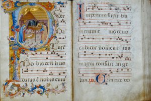 Chorbuch „D“, ausgestellt in der Kathedrale von Santo Stefano: eine historiierte Initiale, die die Geburt Christi darstellt, ca. 1429-35
