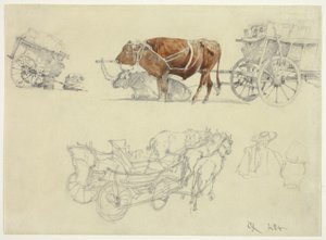 Studien von slowakischen Bauernwagen mit Ochsen und Pferden von Rudolf von Alt