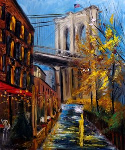 Herbst an der Brooklyn Bridge in DUMBO New York, 2021 von Ruslana Levandovska