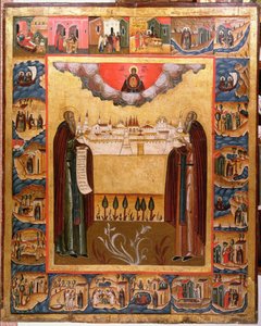 Heilige Zosimus und Sabbatheus von Solovetsk mit Szenen aus ihrem Leben von Russian School