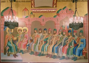 St. Wladimir, Großfürst von Kiew und seine Söhne, Wandgemälde von Palekh-Meistern in der Facettenkammer, 1882 von Russian School