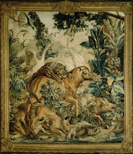 Wandteppich, der wilde Tiere zeigt, die an einem Wasserloch kämpfen, Kopie aus der indischen Teppichserie, entworfen von D. Deport, 1757 und hergestellt von der St. Petersburger Teppichfabrik von Russian School