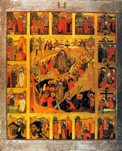 Der Abstieg in die Hölle mit den Szenen der Passion Christi, 16. Jahrhundert von Russian icon.
