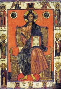 Der Erlöser auf dem Thron mit ausgewählten Heiligen von Russian icon.