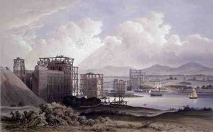 Britannia Tubular Bridge über die Menai-Straße, während des Baus 1848, Lithographie von Day and Son