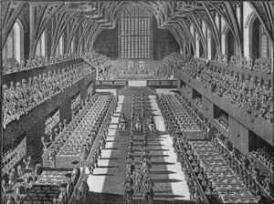 Das Innere der Westminster Hall beim Krönungsbankett von König George II., 1727 1911 von S Moore