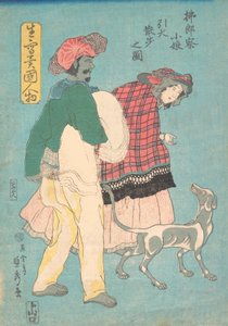Eine junge französische Dame und ein siamesischer Diener führen einen Hund spazieren, November 1860