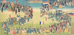 Prozession von Menschen aus fünf Ländern: Holland, Russland, Frankreich, England und Amerika