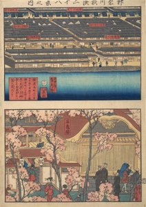 Zwei Ansichten: Uferpromenade bei Kaigan-cho, 3-chome und 4-chome, und der Eingang zu..., 4. Monat, 1860