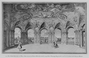Oberes Belvedere: Sala terrena, nicht ausgeführter Entwurf, graviert von Johann August Corvinus (Lithografie)