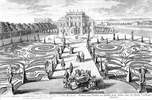 Ansicht eines Gartens und Hauses in Josefstadt, Wien, gestochen von Johann August Corvinus