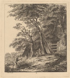 Ein Fischer und zwei Kinder in einer Landschaft mit Strohhütten von Salomon Gessner