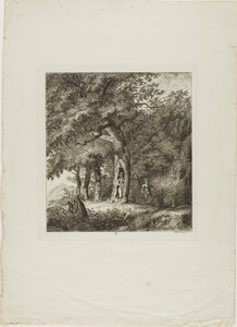 Nymphe, die sich in einem Baum versteckt, Platte acht aus Paysages Dédiés à M. Warelet von Salomon Gessner