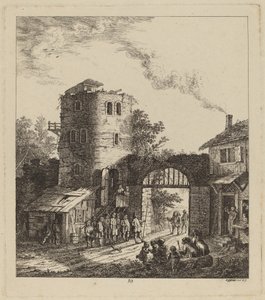 Dorfbewohner am Stadttor begrüßen einen Würdenträger von Salomon Gessner