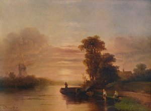 Sonnenuntergang an einem Fluss, mit Windmühle und Hütte, 1848, 1938