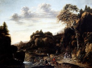 Waldlandschaft mit Hirschjagd an einem Fluss, ca. 1690
