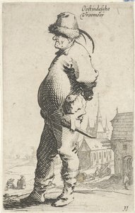 Mann im Profil, im Hintergrund eine Kirche und ein Gebäude mit Galerie von Salomon Savery
