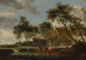 Landschaft mit Reisenden vor einem Gasthof in der Nähe eines Wasserplatzes