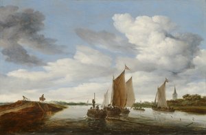 Flusslandschaft mit Segelbooten und einer pferdegezogenen Barke