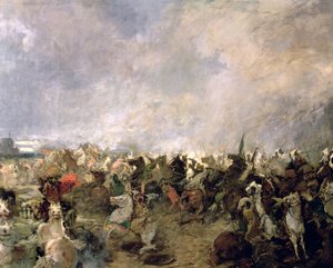 Die Schlacht von Guadalete, Detail der Flucht der Goten unter dem Kommando von König Roderich in Anwesenheit der muslimischen Kavallerie von Tarik Ibn Ziyad, 711 n. Chr. (Detail)