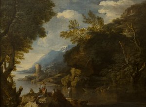 Landschaft mit Figuren und Booten von Salvator (follower of) Rosa