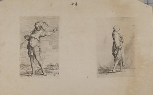 (Figurinenserie) Stehender Mann mit gefiedertem Kopfschmuck von Salvator Rosa